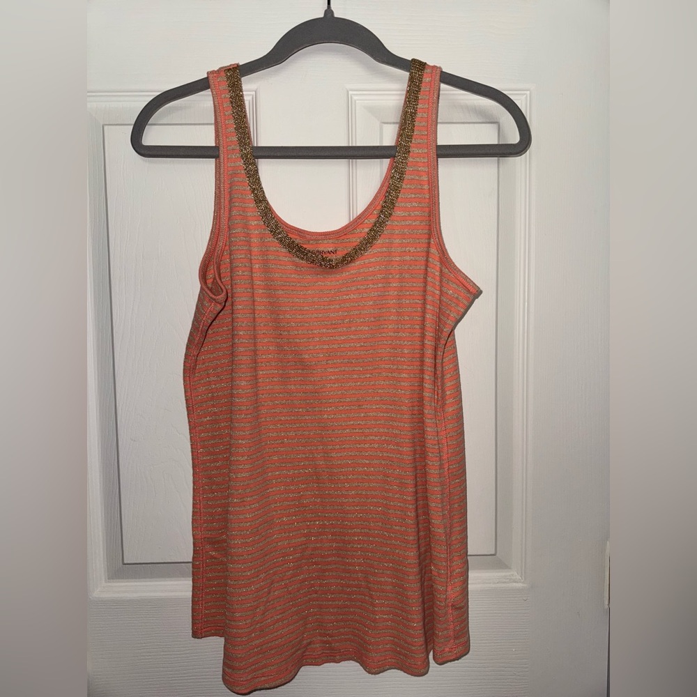 Lane Bryant Vibrant Peach/Coral and Gold striped Tank with Gold Accents